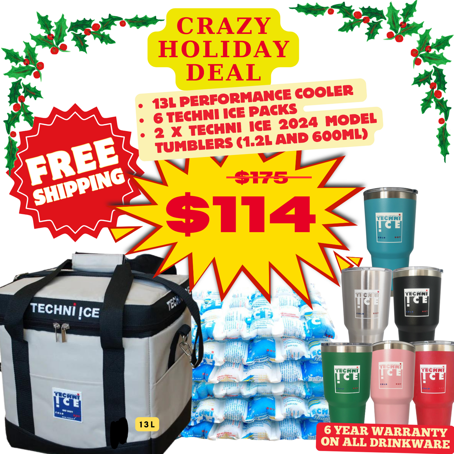 Techni Ice 13L High Performance Cooler Bag + 2* Tumbler (1.2L & 600ML)+ 6 Ice Packs
