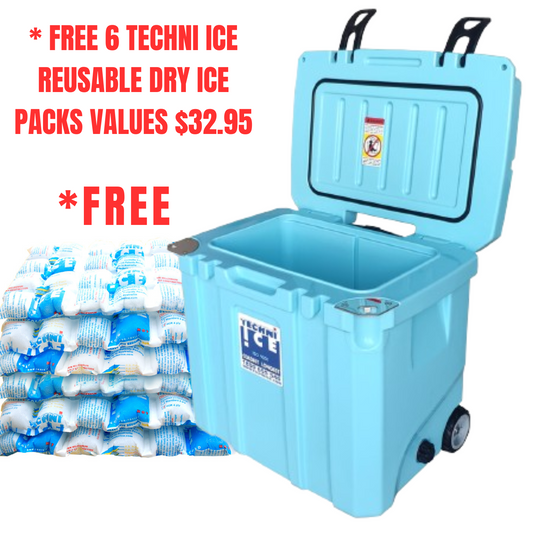 Techni Ice Signature Hybrid Premium Ice Box 35L Light Blue Wheels with Wheels & Telescopic Travel Handle *FRESH STOCK JUST ARRIVED *FREE 6 REUSABLE DRY ICE PACKS VALUES $32.95