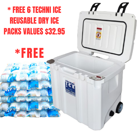 Techni Ice Signature Hybrid Premium Ice Box 35L White with Wheels & Telescopic Travel Handle *PREORDER FOR JUNE DISPATCH *FREE 6 REUSABLE DRY ICE PACKS VALUES $32.95