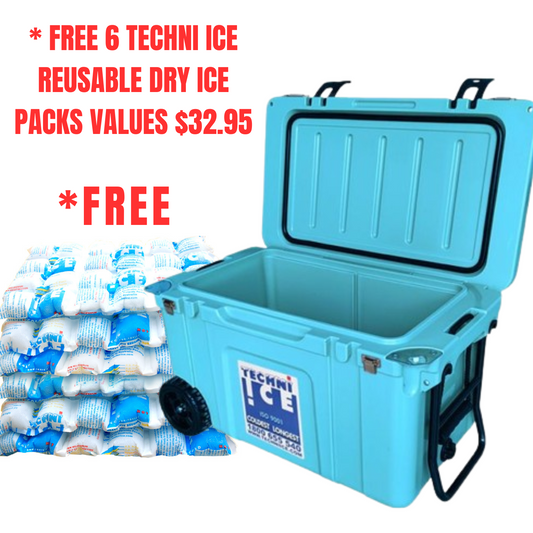 Techni Ice Signature Hardcore Premium Ice Box 55L Light Blue with Wheels *PREORDER FOR JULY DISPATCH *FREE 6 REUSABLE DRY ICE PACKS VALUES $32.95
