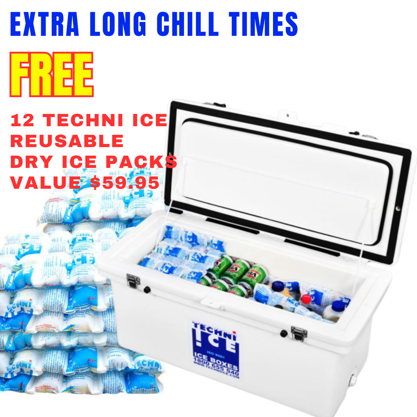 Techniice Classic Ice box 70L White Long *FREE 12 REUSABLE DRY ICE PACKS VALUES $59.95 *PRE-ORDER NOW FOR NOVEMBER DISPATCH