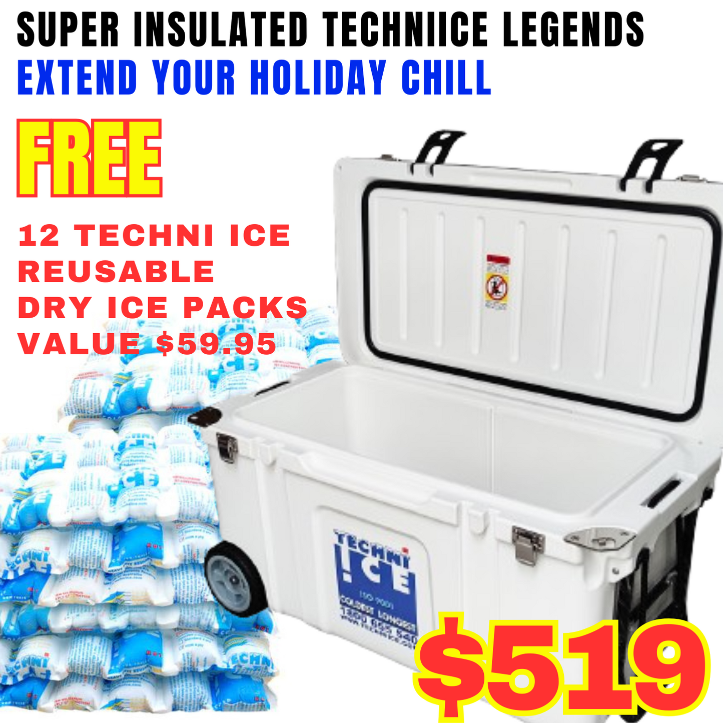 Techni Ice Signature Hardcore Icebox 75L White with Wheels *Fresh Stock Just Arrived *FREE 12 REUSABLE DRY ICE PACKS VALUES $59.95