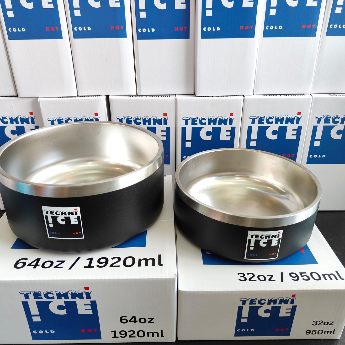 New 2024 Model Techni Ice 950ml (32 oz.) + 1920ml (64 oz.) Dog Bowl Combo Black Stainless Steel 6 Years Warranty *PREORDER FOR JULY DISPATCH