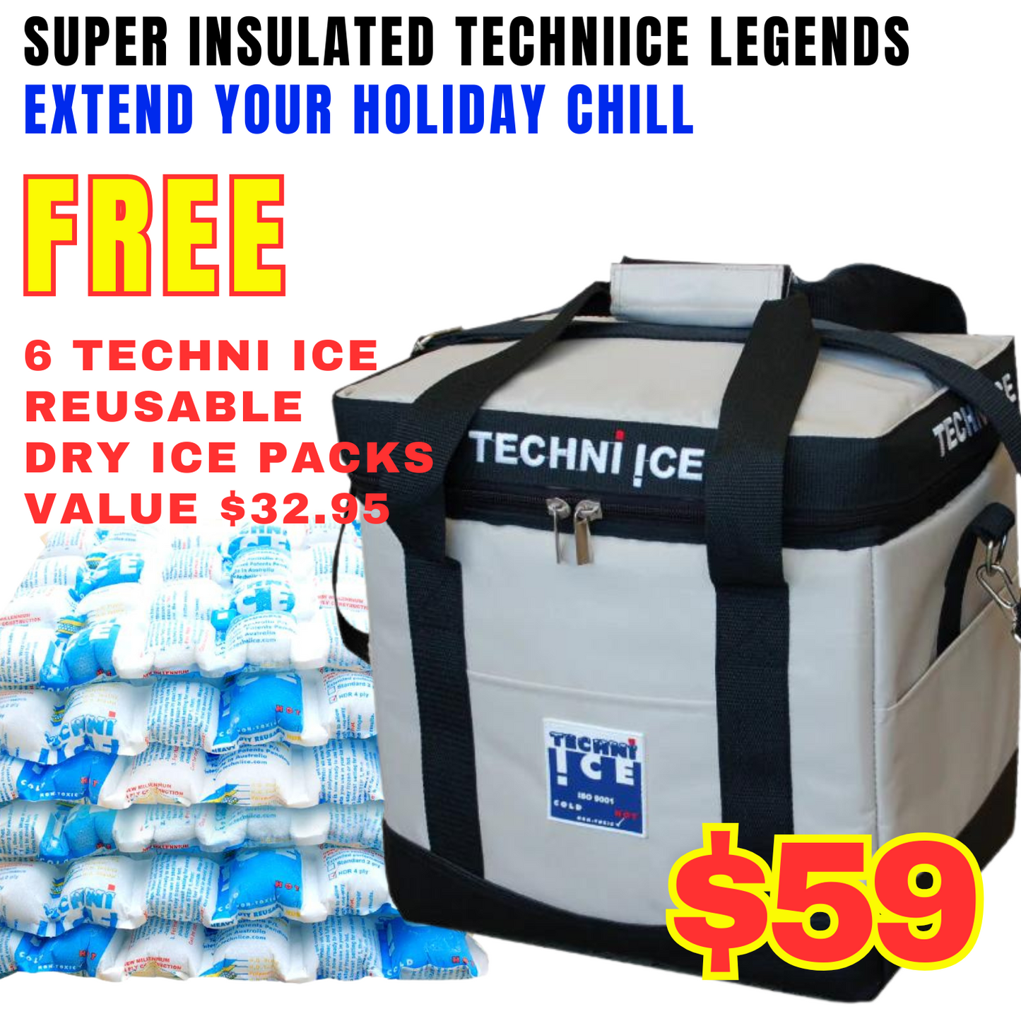 13L Techni Ice High Performance Cooler Bag Grey *FRESH STOCK JUST ARRIVED *FREE 6 REUSABLE DRY ICE PACKS VALUES $32.95