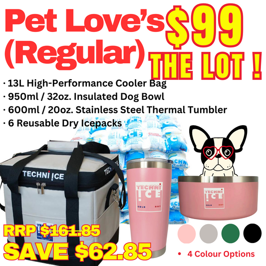 13L High Performance Cooler Bag + 950ml / 32oz. Insulated Dog Bowl +600ml / 20oz. Stainless Steel Thermal Tumbler + 6 Reusable Dry Ice Packs Combo