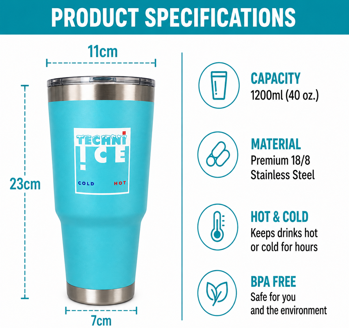 Techni Ice 1200ml (40 oz.) Adventure Tumbler Ocean Aqua+3 Free Techni Ice Reusable Dry Ice Packs