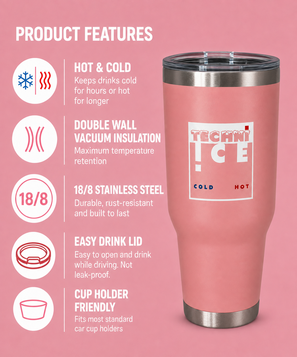 Techni Ice 1200ml (40 oz.) Adventure Tumbler Desert Rose+3 Free Techni Ice Reusable Dry Ice Packs