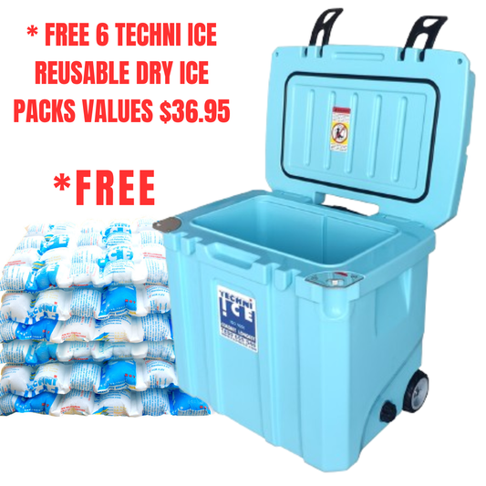 Techni Ice Signature Hybrid Premium Ice Box 35L Light Blue Wheels with Wheels & Telescopic Travel Handle *FREE 6 REUSABLE DRY ICE PACKS VALUES $37 *PRE-ORDER NOW FOR MARCH DISPATCH