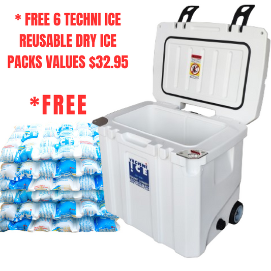 Techni Ice Signature Hybrid Premium Ice Box 35L White with Wheels & Telescopic Travel Handle *PRE ORDER FOR APRIL DESPATCH *FREE 6 REUSABLE DRY ICE PACKS VALUES $32.95