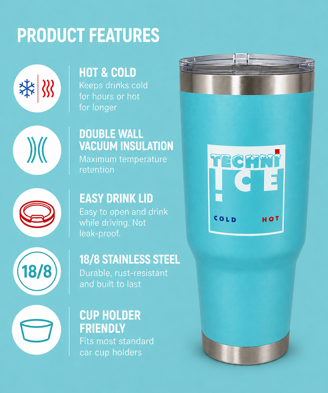 Techni Ice 1200ml (40 oz.) Adventure Tumbler Ocean Aqua+3 Free Techni Ice Reusable Dry Ice Packs