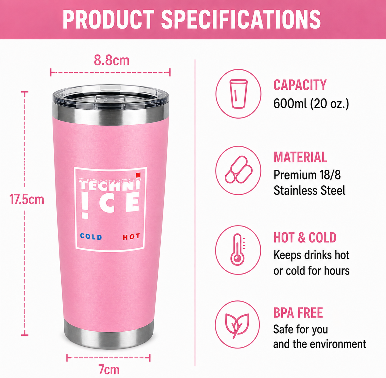 Techni Ice 600ml (20 oz.)Worksite Tumbler Desert Rose + 3 Free Techni Ice Reusable Dry Ice Packs
