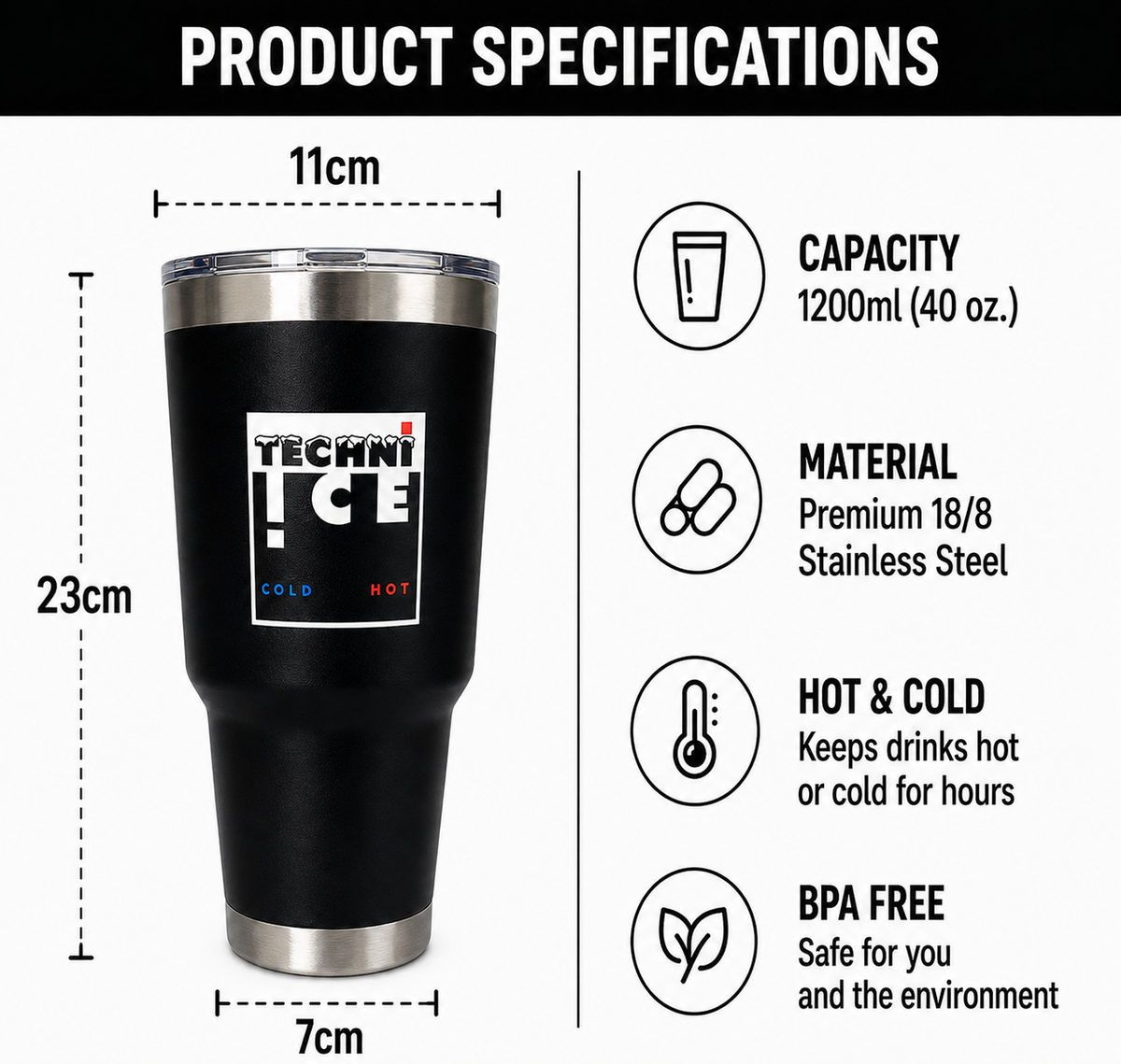 Techni Ice 1200ml (40 oz.) Adventure Tumbler Coal Black +3 Free Techni Ice Reusable Dry Ice Packs