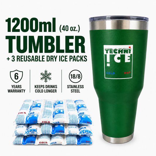 Techni Ice 1200ml (40 oz.) Tumbler Emerald Stainless Steel 6 Years Warranty + 3 Techni Ice Reusable Dry Ice Packs *FRESH STOCK JUST ARRIVED