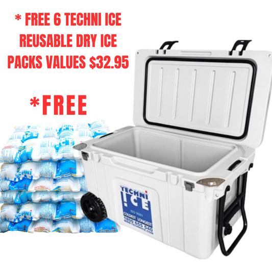 Techni Ice Signature Hardcore Premium Ice Box 55L White with Wheels *FRESH STOCK JUST ARRIVED *FREE 6 REUSABLE DRY ICE PACKS VALUES $32.95