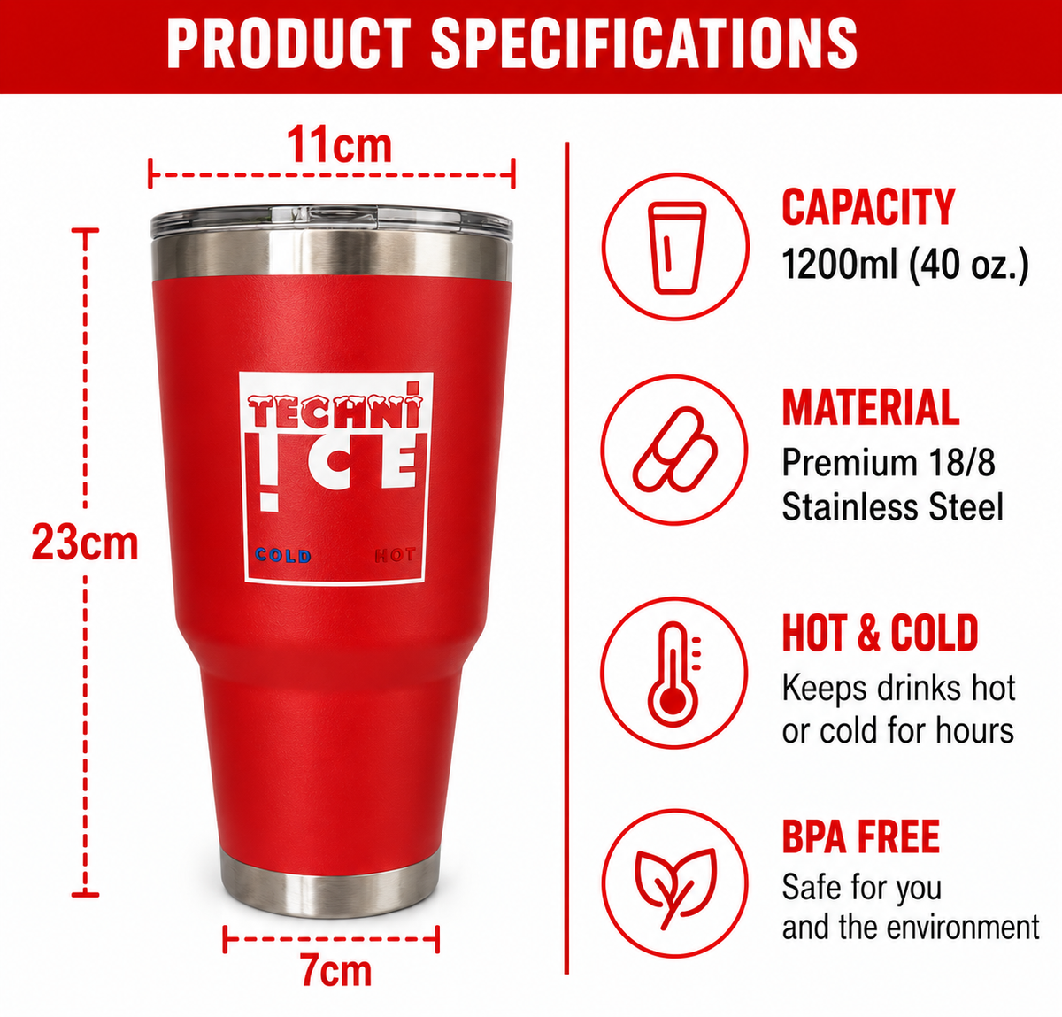 Techni Ice 1200ml (40 oz.) Adventure Tumbler Lava Red+3 Free Techni Ice Reusable Dry Ice Packs