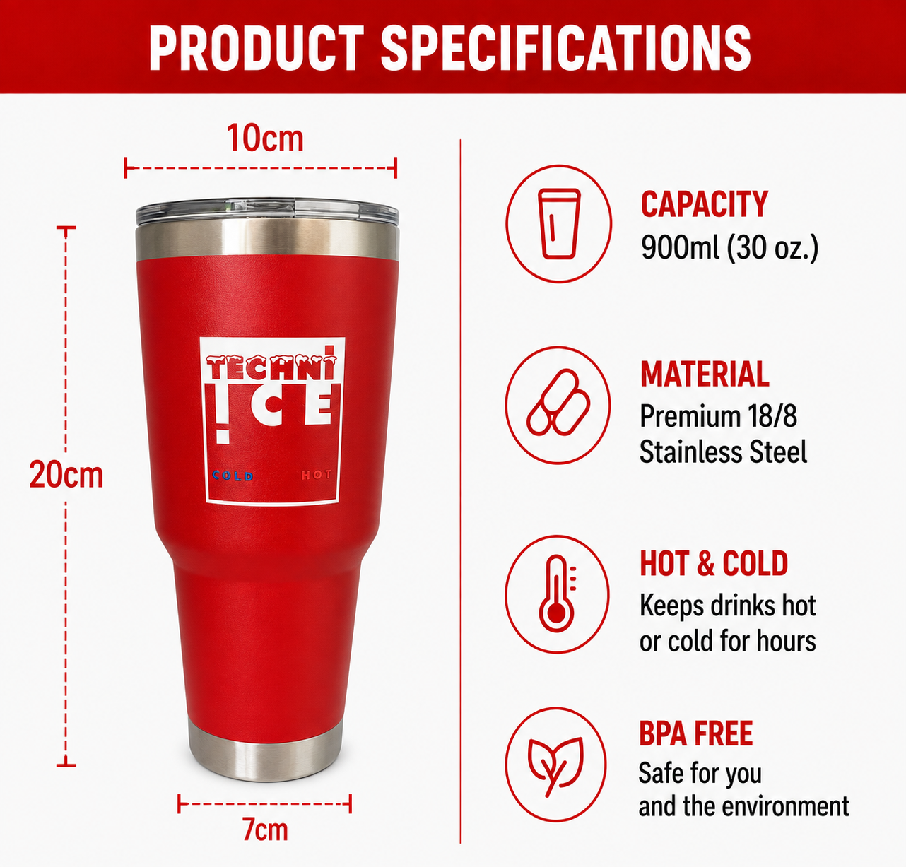 Techni Ice 900ml (30 oz.) Travel Tumbler Lava Red+3 Free Techni Ice Reusable Dry Ice Packs