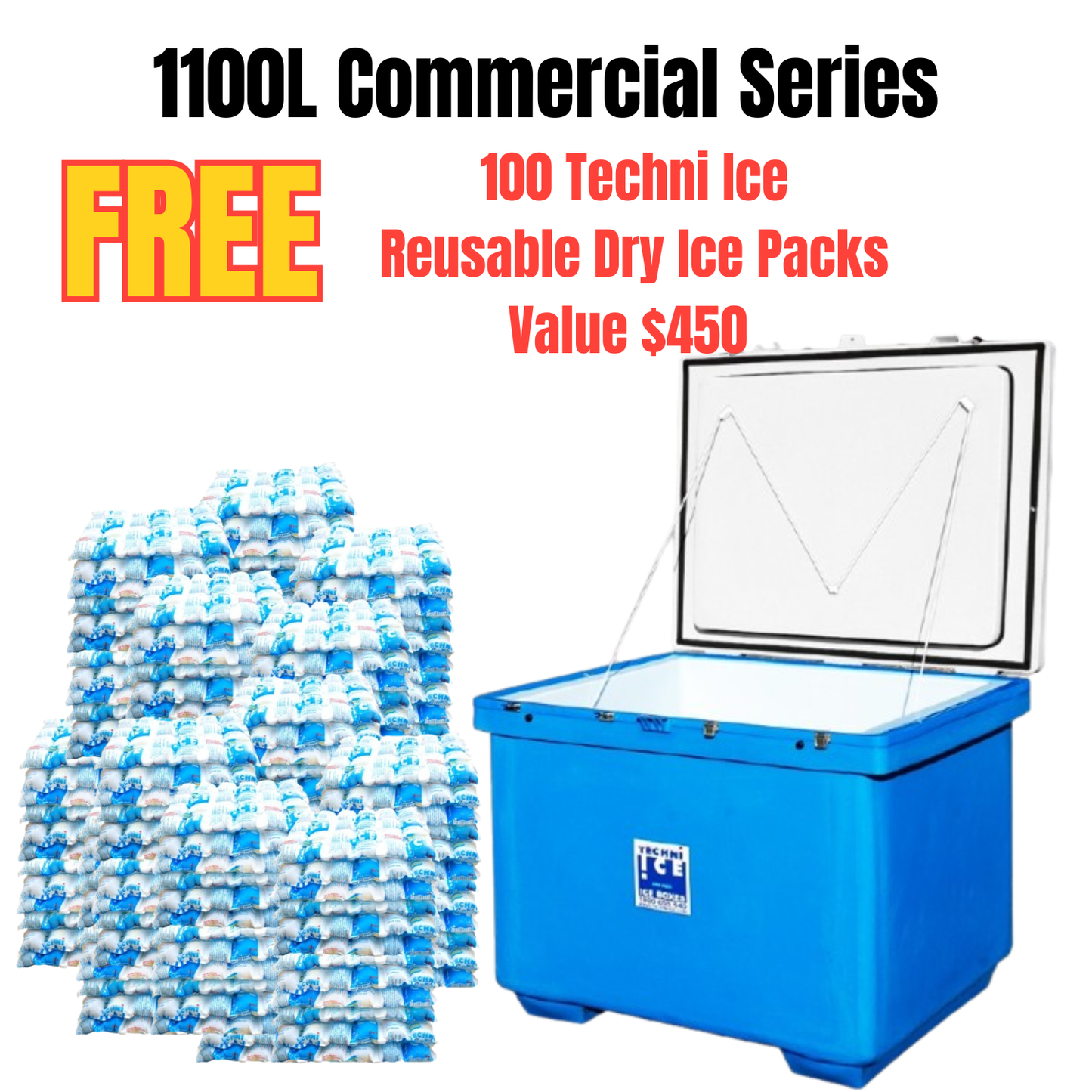 Techni Ice Commercial 1100L *FREE 100 REUSABLE DRY ICE PACKS VALUES $450 *FRESH STOCK JUST ARRIVED