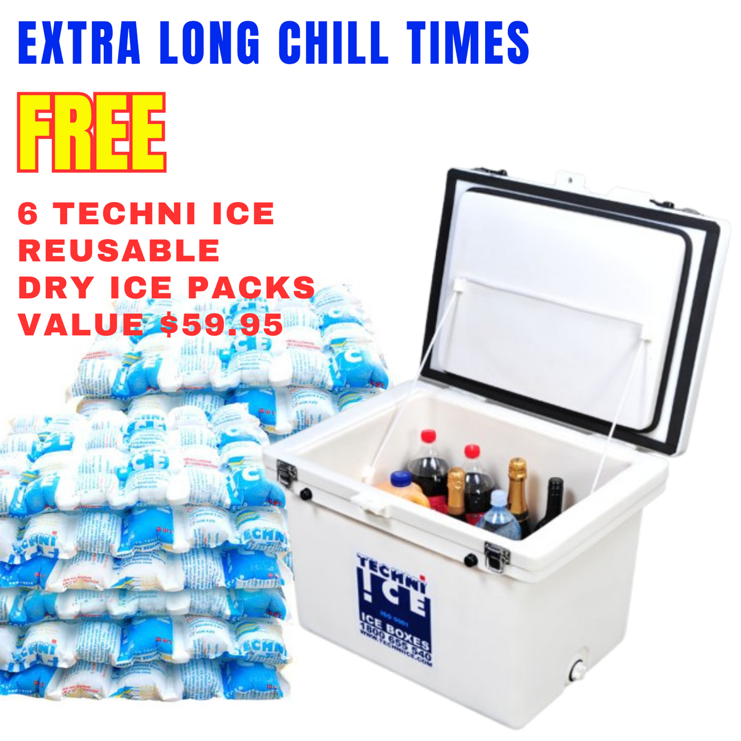 Techniice Classic Ice box 60L White *FREE 6 REUSABLE DRY ICE PACKS VALUES $59.95 * FRESH STOCK JUST ARRIVED