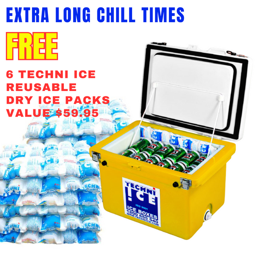 Techniice Classic Ice box 60L White Yellow * FRESH STOCK JUST ARRIVED *FREE 6 REUSABLE DRY ICE PACKS VALUES $59.95