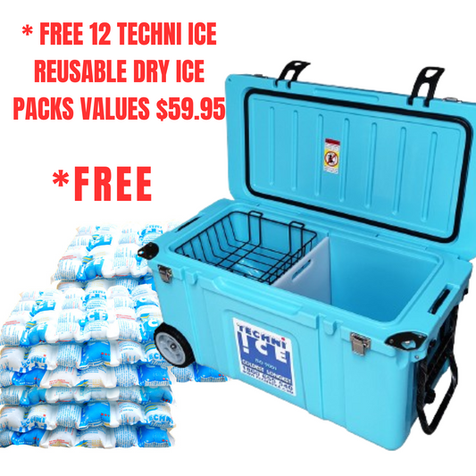 Techni Ice Signature Hardcore Ice box 120L Light Blue Wheels *FRESH STOCK JUST ARRIVED *FREE 12 REUSABLE DRY ICE PACKS VALUES $59.95