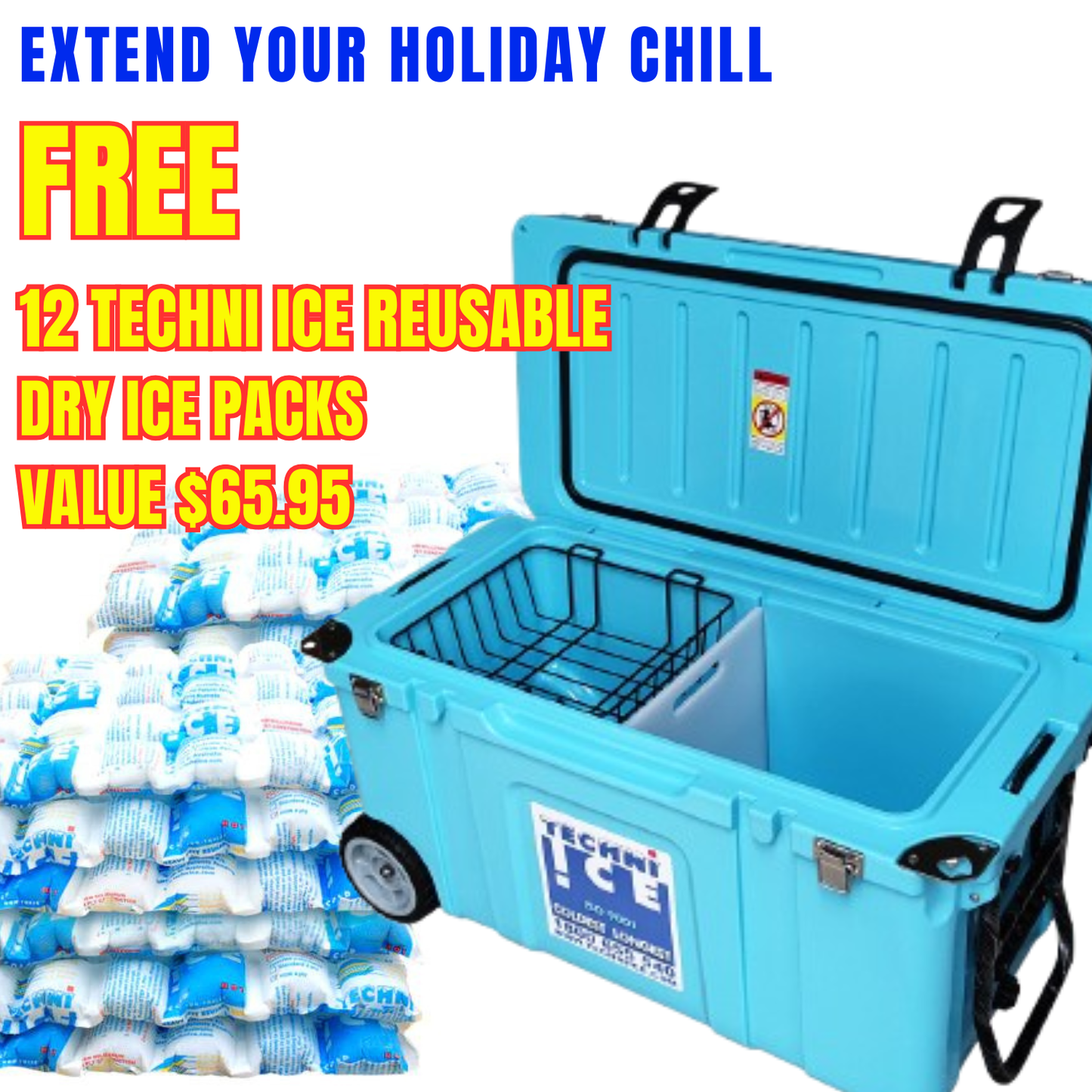 Techni Ice Signature Hardcore Premium Ice Box 55L Light Blue with Wheels *FREE 12 REUSABLE DRY ICE PACKS VALUES $66 *PRE-ORDER NOW FOR MARCH DISPATCH