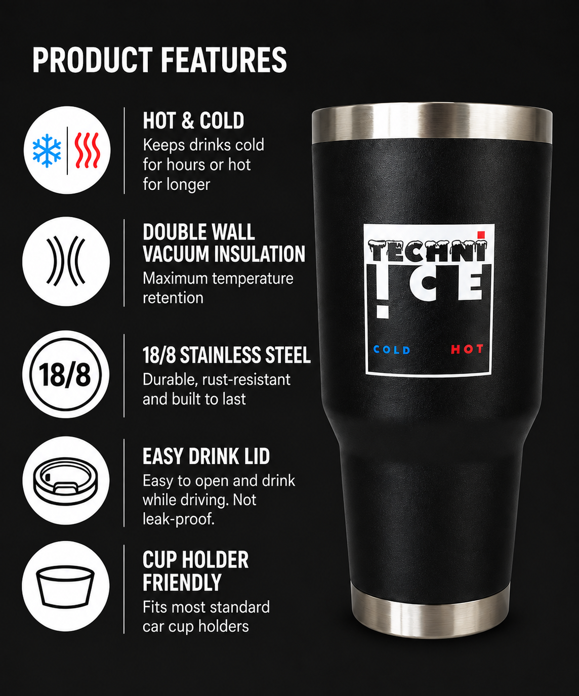 Techni Ice 1200ml (40 oz.) Adventure Tumbler Coal Black +3 Free Techni Ice Reusable Dry Ice Packs