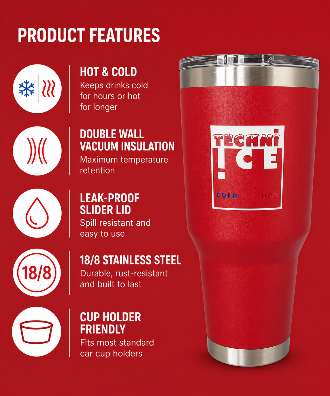 Techni Ice 900ml (30 oz.) Travel Tumbler Lava Red+3 Free Techni Ice Reusable Dry Ice Packs