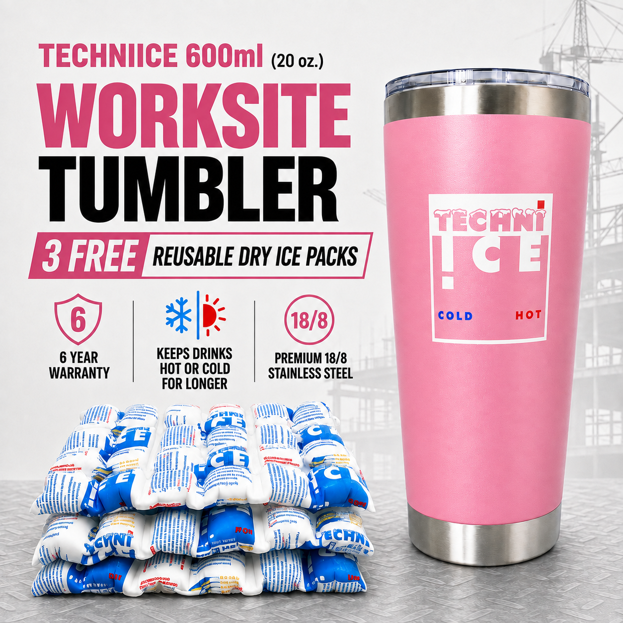 Techni Ice 600ml (20 oz.)Worksite Tumbler Desert Rose + 3 Free Techni Ice Reusable Dry Ice Packs