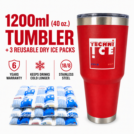 Techni Ice 1200ml (40 oz.) Tumbler Red Stainless Steel 6 Years Warranty + 3 Techni Ice Reusable Dry Ice Packs *FRESH STOCK JUST ARRIVED