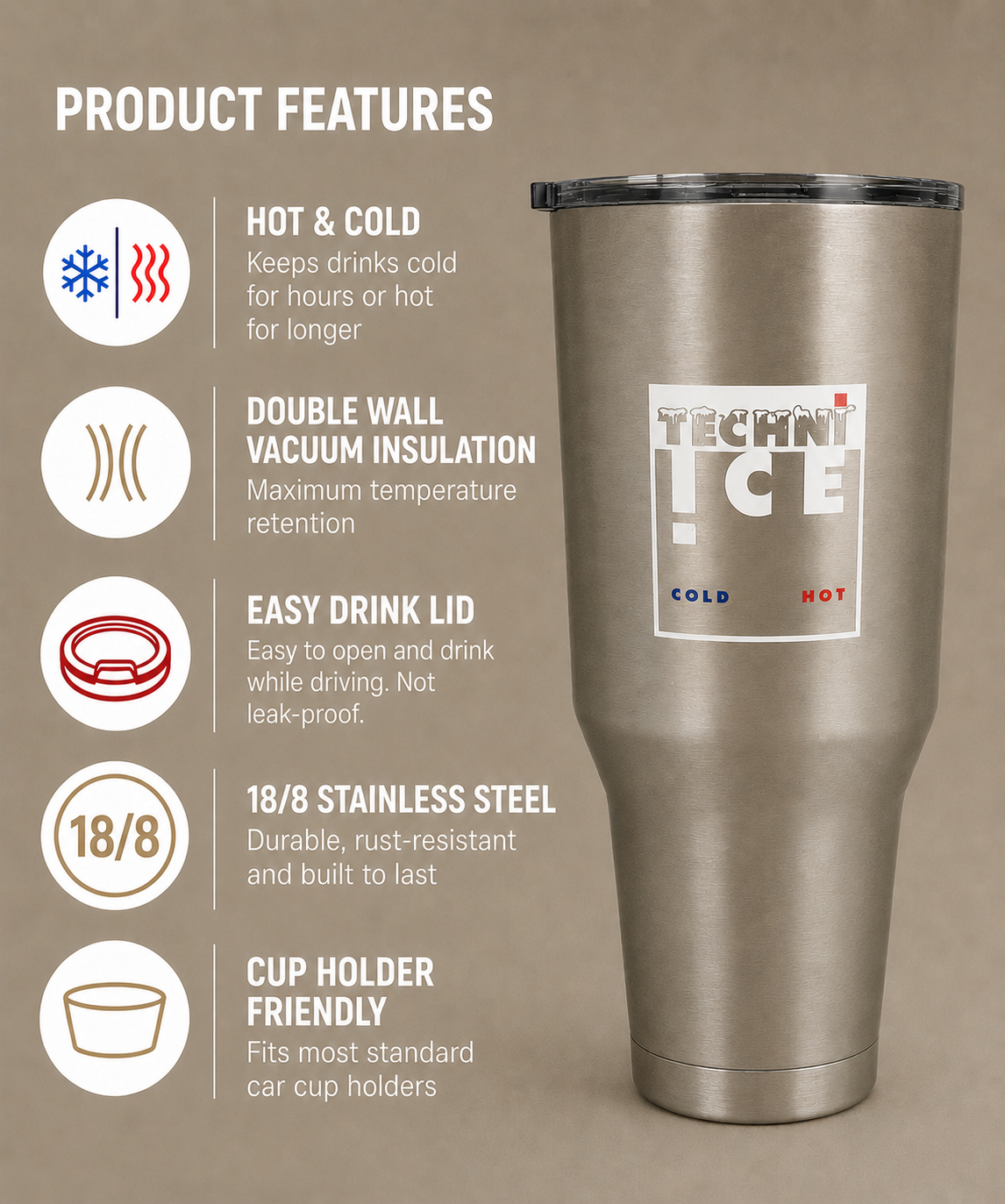 Techni Ice 1200ml (40 oz.) Adventure Tumbler Stainless Steel+3 Free Techni Ice Reusable Dry Ice Packs