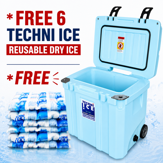 Techni Ice Signature Hybrid Premium Ice Box 35L Light Blue Wheels with Wheels & Telescopic Travel Handle *FREE 6 REUSABLE DRY ICE PACKS VALUES $37* PRE-ORDER NOW FOR SEPTEMBER DISPATCH