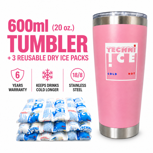 Techni Ice 600ml (20 oz.) Tumbler Pink Stainless Steel 6 Years Warranty + 3 Techni Ice Reusable Dry Ice Packs *FRESH STOCK JUST ARRIVED
