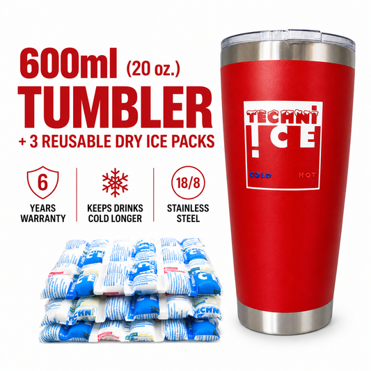 Techni Ice 600ml (20 oz.) Tumbler Red Stainless Steel 6 Years Warranty + 3 Techni Ice Reusable Dry Ice Packs *FRESH STOCK JUST ARRIVED