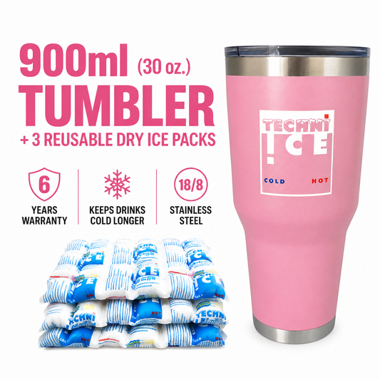 Techni Ice 900ml (30 oz.) Tumbler Pink Stainless Steel 6 Years Warranty + 3 Techni Ice Reusable Dry Ice Packs *FRESH STOCK JUST ARRIVED