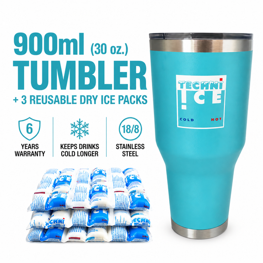 Techni Ice 900ml (30 oz.) Tumbler Aqua Stainless Steel 6 Years Warranty + 3 Techni Ice Reusable Dry Ice Packs *FRESH STOCK JUST ARRIVED