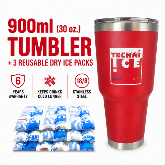 Techni Ice 900ml (30 oz.) Tumbler Red Stainless Steel 6 Years Warranty + 3 Techni Ice Reusable Dry Ice Packs *FRESH STOCK JUST ARRIVED