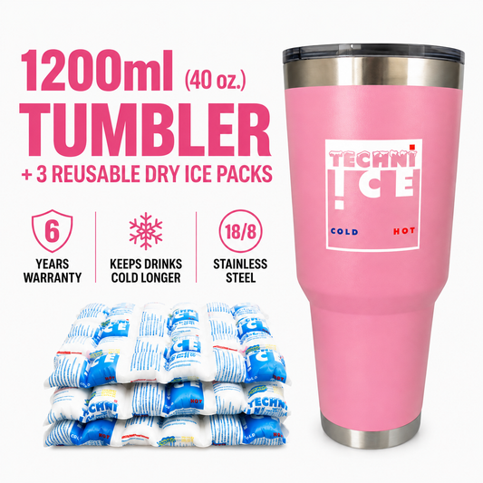Techni Ice 1200ml (40 oz.) Tumbler Pink Stainless Steel 6 Years Warranty + 3 Techni Ice Reusable Dry Ice Packs *FRESH STOCK JUST ARRIVED