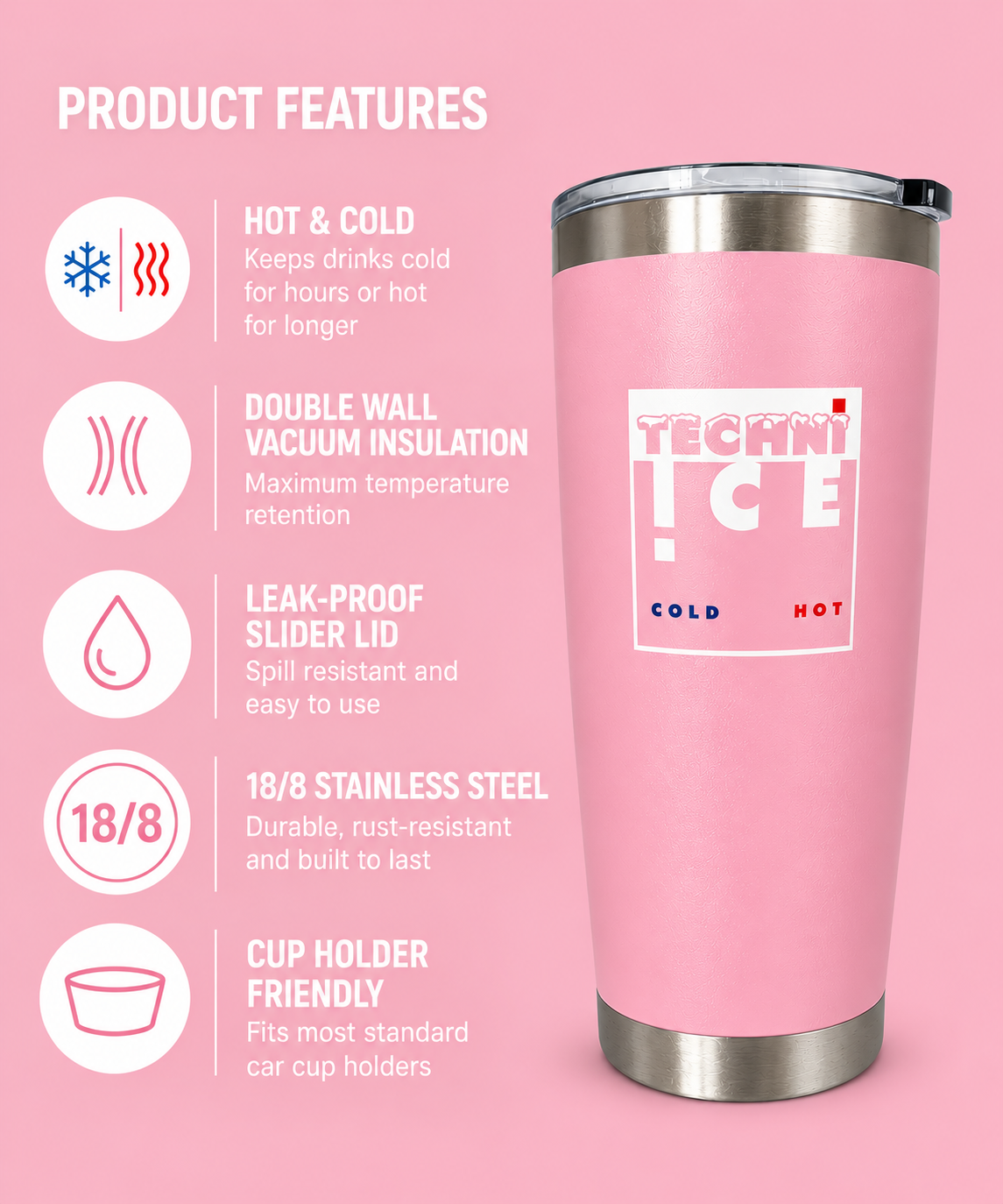 Techni Ice 600ml (20 oz.)Worksite Tumbler Desert Rose + 3 Free Techni Ice Reusable Dry Ice Packs