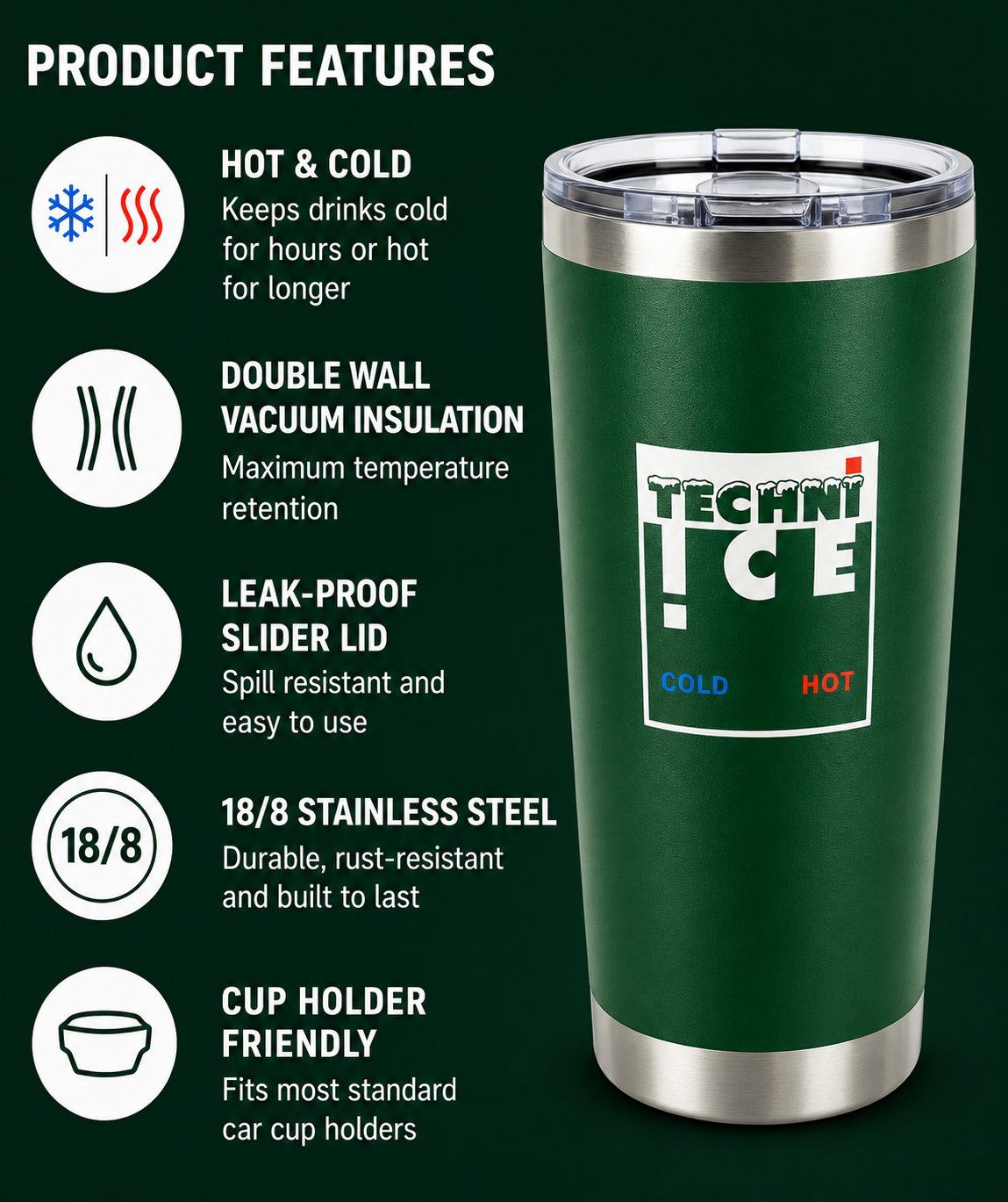 Techni Ice 600ml (20 oz.)Worksite Tumbler Outback Green + 3 Free Techni Ice Reusable Dry Ice Packs