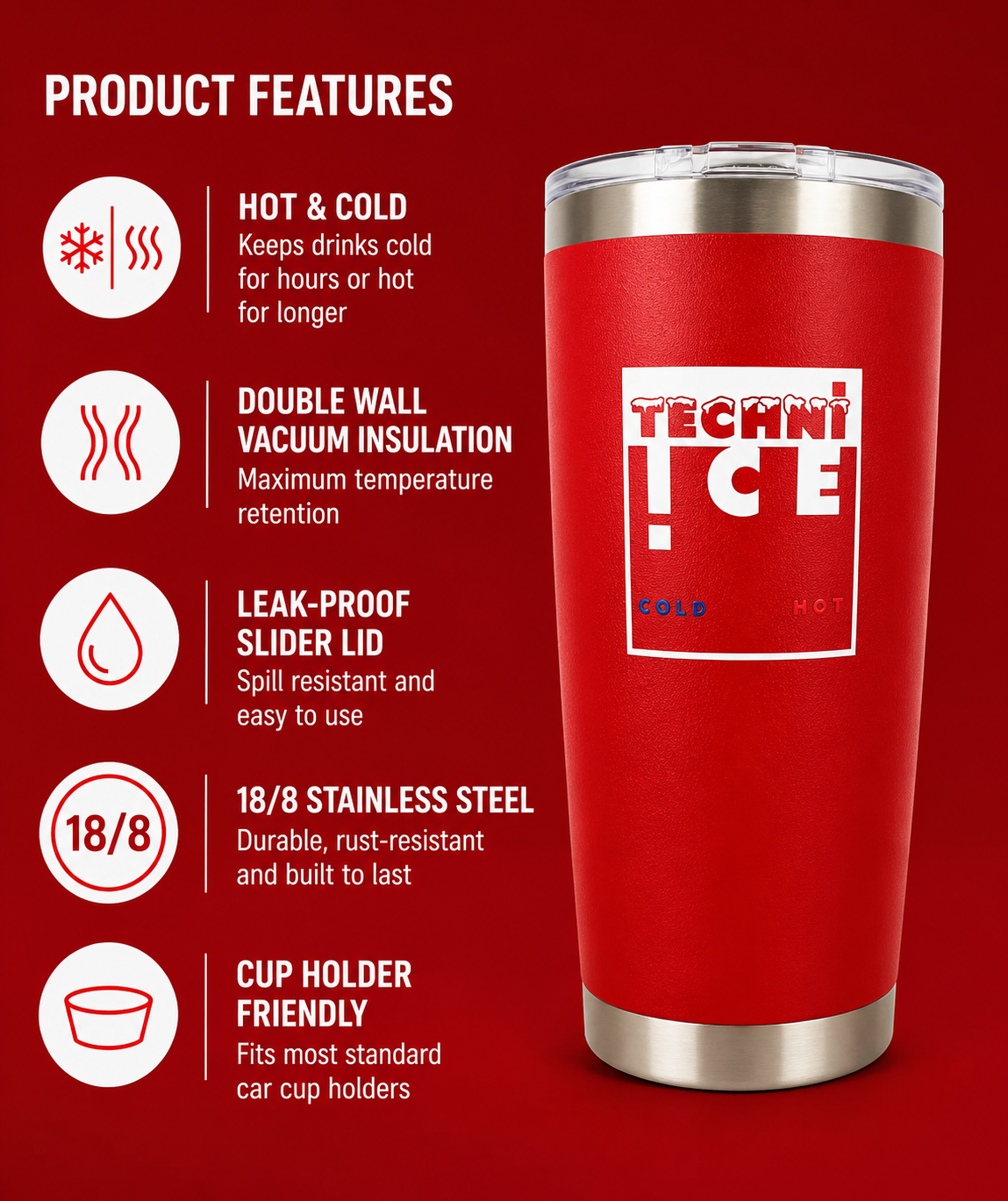 Techni Ice 600ml (20 oz.)Worksite Tumbler Lava Red + 3 Free Techni Ice Reusable Dry Ice Packs