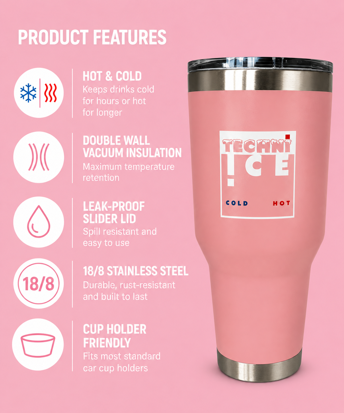 Techni Ice 900ml (30 oz.) Travel Tumbler Desert Rose+3 Free Techni Ice Reusable Dry Ice Packs