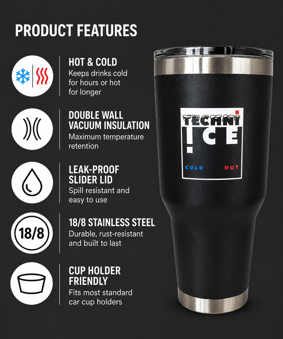 Techni Ice 900ml (30 oz.) Travel Tumbler Coal Black+3 Free Techni Ice Reusable Dry Ice Packs