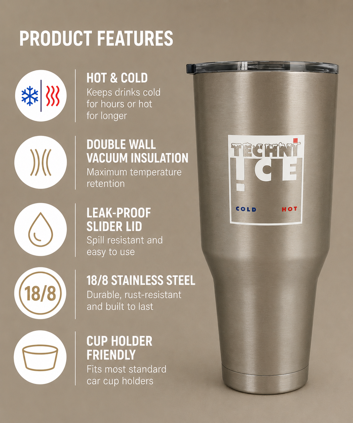 Techni Ice 900ml (30 oz.) Travel Tumbler Stainless Steel+3 Free Techni Ice Reusable Dry Ice Packs
