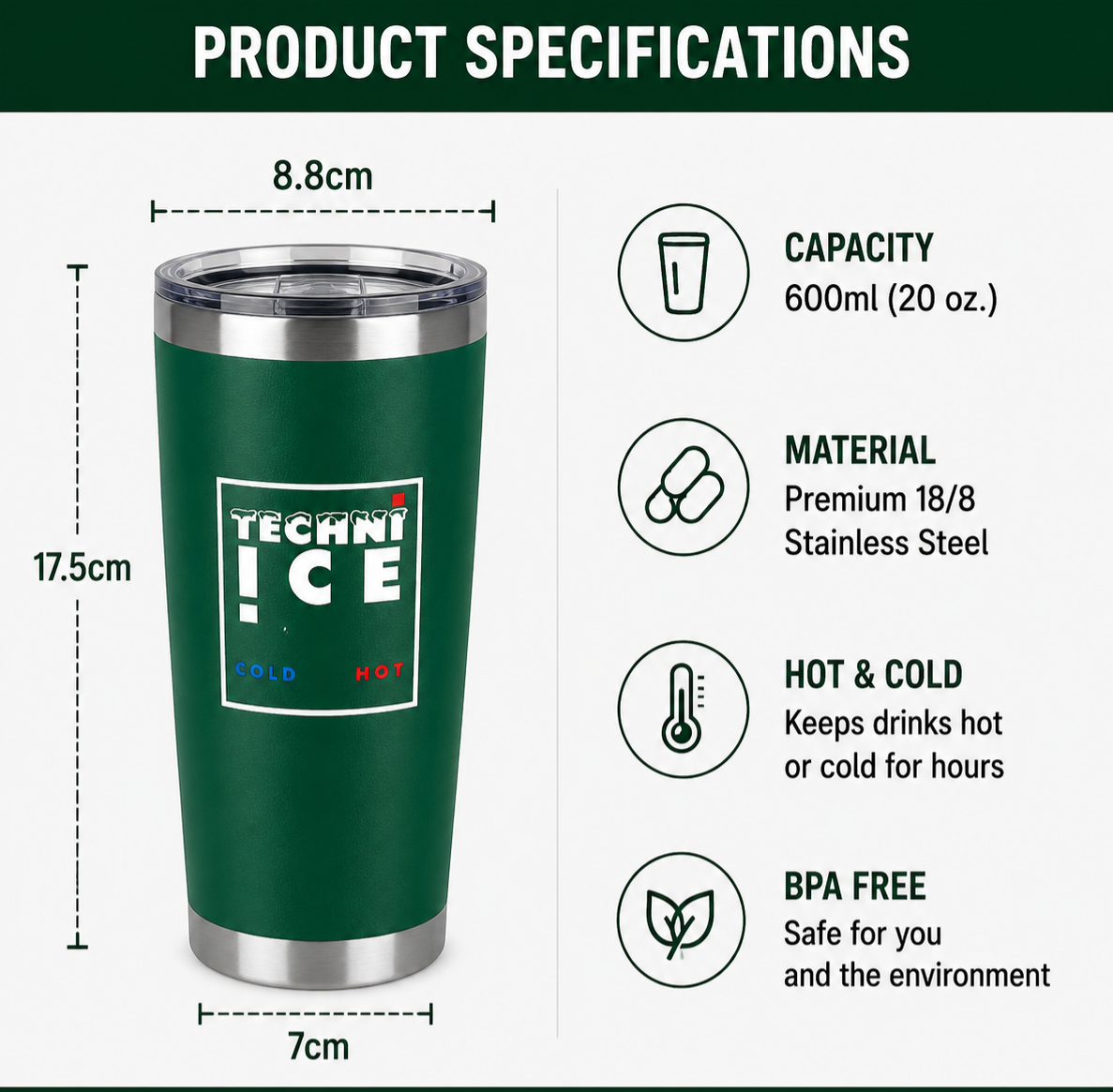 Techni Ice 600ml (20 oz.)Worksite Tumbler Outback Green + 3 Free Techni Ice Reusable Dry Ice Packs