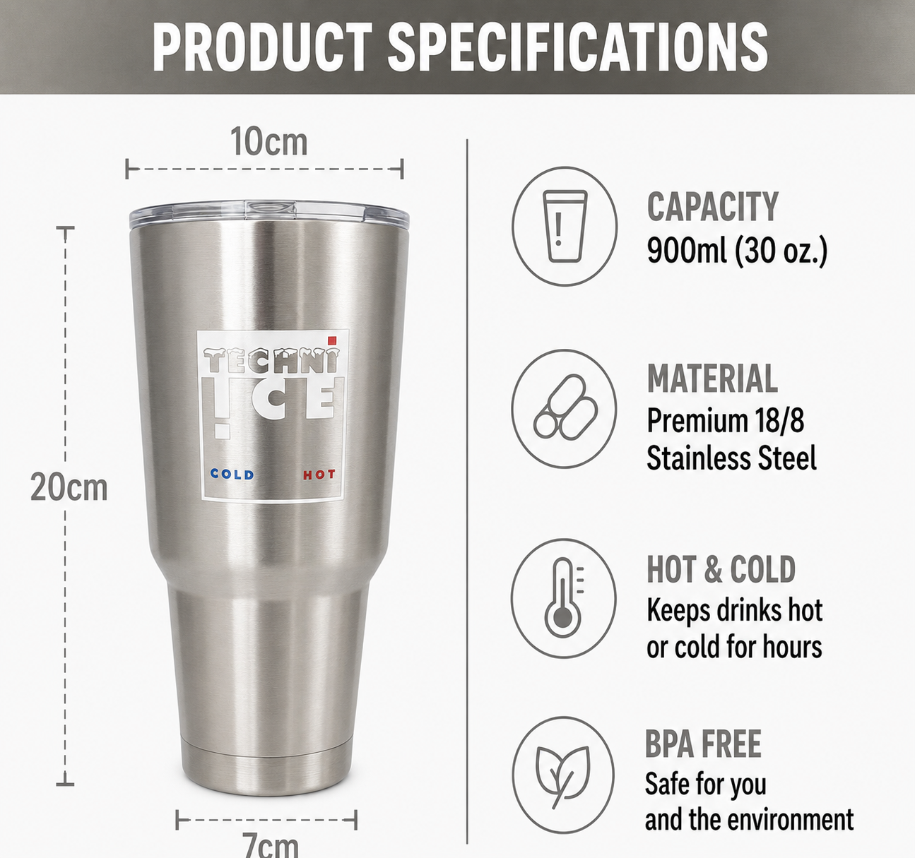 Techni Ice 900ml (30 oz.) Travel Tumbler Stainless Steel+3 Free Techni Ice Reusable Dry Ice Packs