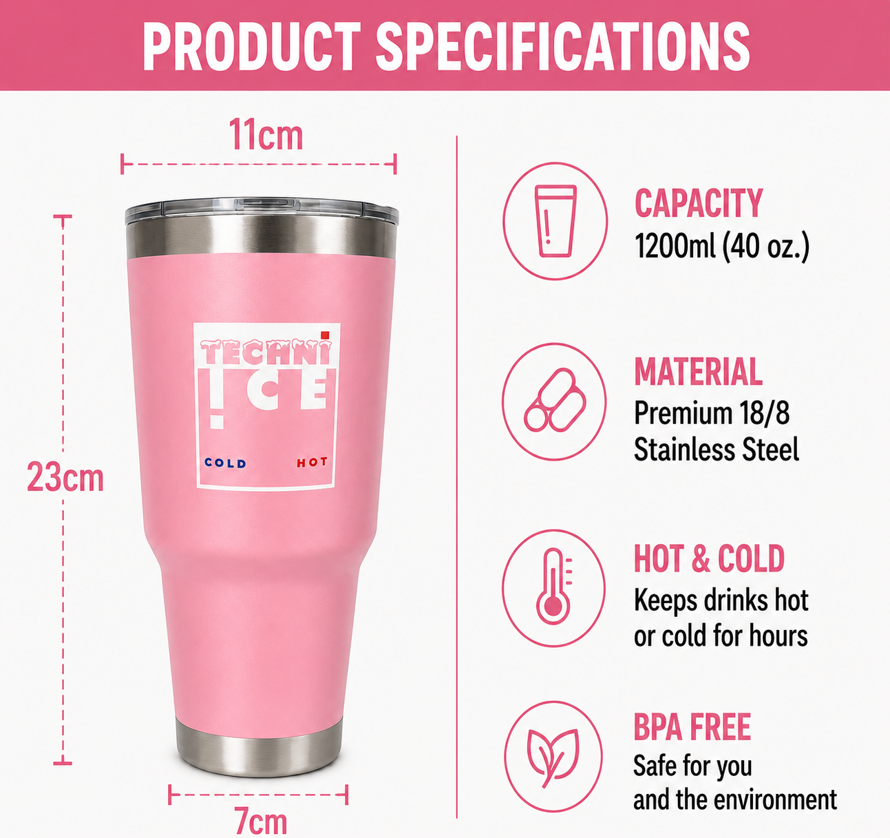Techni Ice 1200ml (40 oz.) Adventure Tumbler Desert Rose+3 Free Techni Ice Reusable Dry Ice Packs