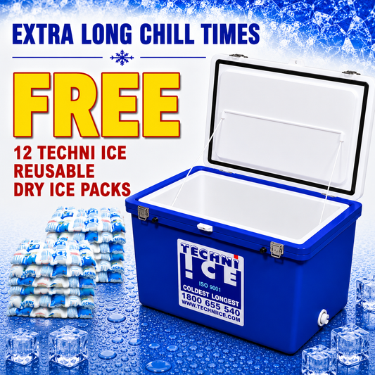 Techni Ice Classic Ice box 120L White Blue *FREE 12 REUSABLE DRY ICE PACKS VALUES $66 * PRE-ORDER NOW FOR SEPTEMBER DISPATCH