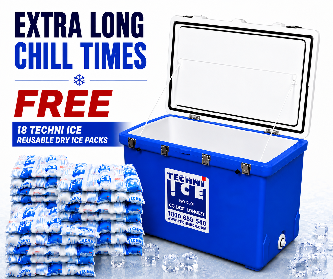 Techniice Classic Ice box 200L White Blue *FREE 18 REUSABLE DRY ICE PACKS VALUES $103 * PRE-ORDER NOW FOR SEPTEMBER DISPATCH