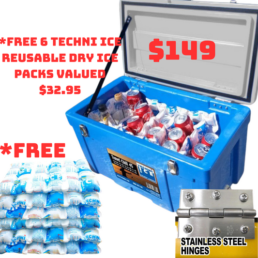 Techni Ice Classic Travel Chill 45L Ice box Blue *PREORDER FOR JULY DISPATCH *FREE 6 REUSABLE DRY ICE PACKS VALUES $32.95