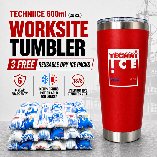 Techni Ice 600ml (20 oz.)Worksite Tumbler Lava Red + 3 Free Techni Ice Reusable Dry Ice Packs
